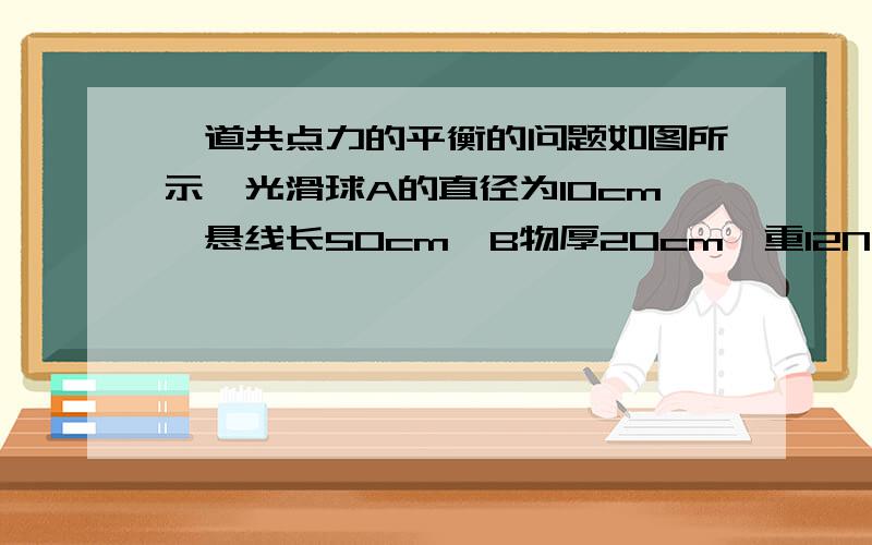 一道共点力的平衡的问题如图所示,光滑球A的直径为10cm,悬线长50cm,B物厚20cm,重12N.若B恰匀速下滑,又知μBC=0.2,C墙竖直,试求：（1） B对墙的压力为多大?（2） A球重量多大?