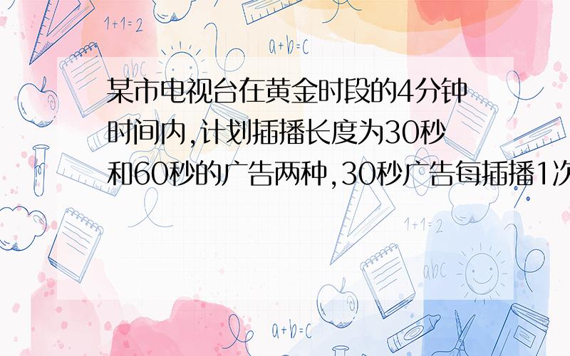 某市电视台在黄金时段的4分钟时间内,计划插播长度为30秒和60秒的广告两种,30秒广告每插播1次收费1.5万元60秒的广告每插拨一次收费2.6万元,若要求美中广告播放次数不少于1次,设30秒广告播