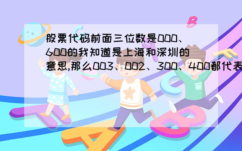 股票代码前面三位数是000、600的我知道是上海和深圳的意思,那么003、002、300、400都代表什么意思和什么样的股票呢?002、003不是A股?我手里就有002、003股票啊?300既然是创业板块,为什么都只有