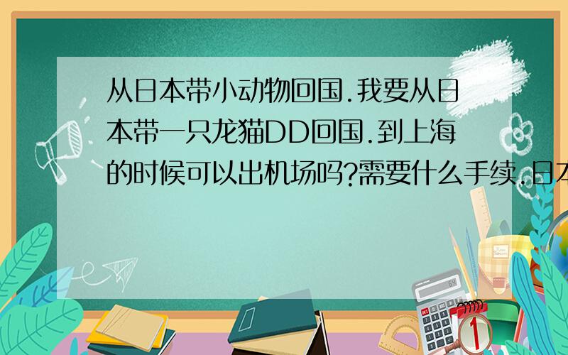 从日本带小动物回国.我要从日本带一只龙猫DD回国.到上海的时候可以出机场吗?需要什么手续.日本的话只要交给乘务员就好,他们会把小动物管好.我只要出一定费用就好.到了中国,出境有要求