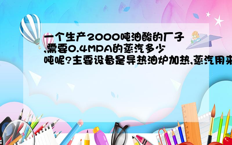 一个生产2000吨油酸的厂子,需要0.4MPA的蒸汽多少吨呢?主要设备是导热油炉加热,蒸汽用来伴温的用的?10吨蒸汽是什么概念?