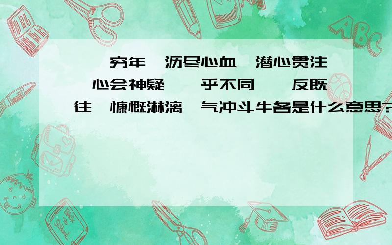 兀兀穷年、沥尽心血、潜心贯注、心会神疑、迥乎不同、一反既往、慷慨淋漓、气冲斗牛各是什么意思?