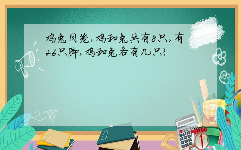 鸡兔同笼,鸡和兔共有8只,有26只脚,鸡和兔各有几只?