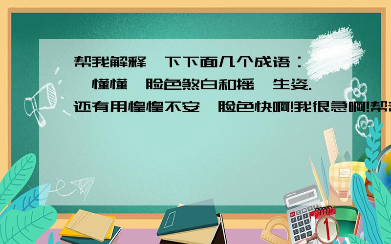 帮我解释一下下面几个成语：懵懵懂懂、脸色煞白和摇曳生姿.还有用惶惶不安、脸色快啊!我很急啊!帮帮忙啊!