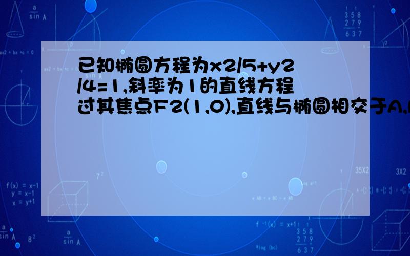 已知椭圆方程为x2/5+y2/4=1,斜率为1的直线方程过其焦点F2(1,0),直线与椭圆相交于A,B两点求A与B两点间的距离