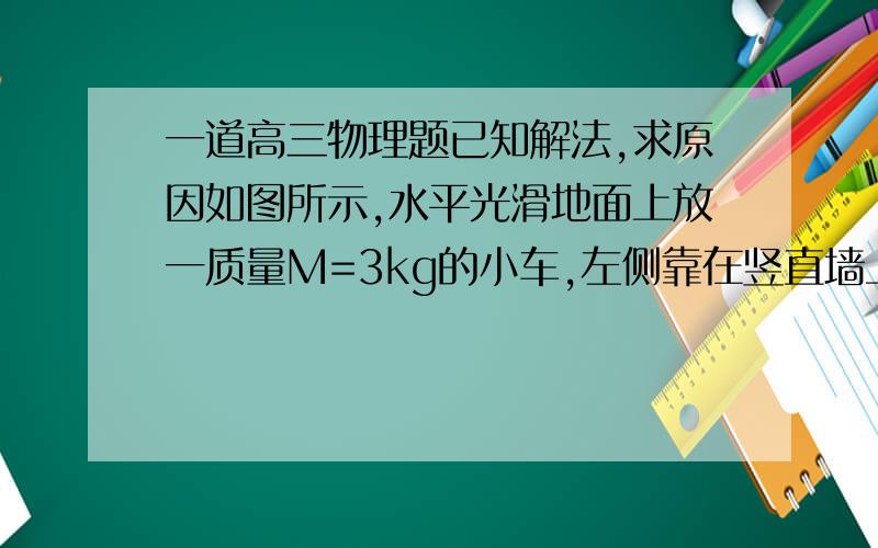 一道高三物理题已知解法,求原因如图所示,水平光滑地面上放一质量M=3kg的小车,左侧靠在竖直墙上,小车的四分之一圆弧轨道AB是光滑的,最低点B与粗糙的水平轨道BC相切.质量m=1kg的小滑块从A点