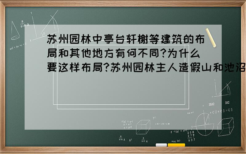 苏州园林中亭台轩榭等建筑的布局和其他地方有何不同?为什么要这样布局?苏州园林主人造假山和池沼的原因是什么?池沼的安排有何讲究?苏州园林栽种和修剪树木的特点是什么?作者在描绘