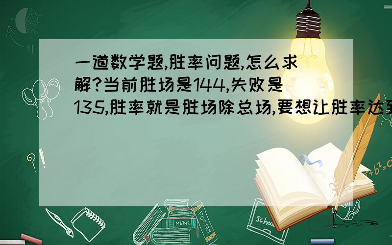 一道数学题,胜率问题,怎么求解?当前胜场是144,失败是135,胜率就是胜场除总场,要想让胜率达到60％,在失败不变的情况,胜场要达到多少