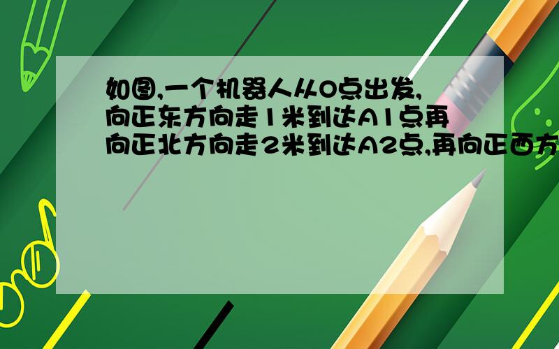 如图,一个机器人从O点出发,向正东方向走1米到达A1点再向正北方向走2米到达A2点,再向正西方向走2米到达点A3,再向正南方向走2米到达点A4,再向正东方向走3米到达点A5,按如此规律走下去,当机