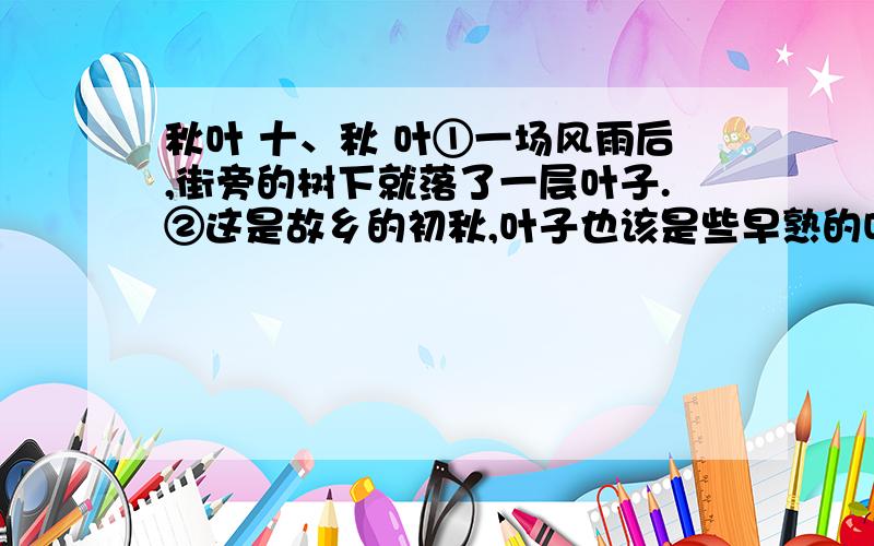 秋叶 十、秋 叶①一场风雨后,街旁的树下就落了一层叶子.②这是故乡的初秋,叶子也该是些早熟的叶子,从湛蓝旷远的天空悠然飘落,百转千回之后遗落于地,并没有什么生命遗失的痉挛和苦痛