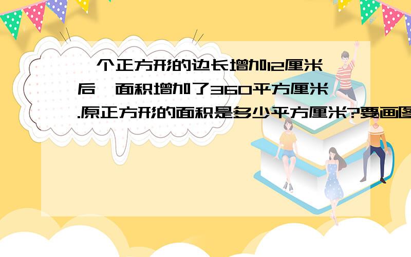 一个正方形的边长增加12厘米后,面积增加了360平方厘米.原正方形的面积是多少平方厘米?要画图分析!