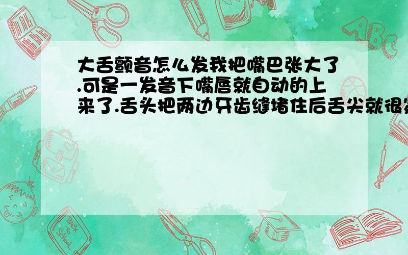 大舌颤音怎么发我把嘴巴张大了.可是一发音下嘴唇就自动的上来了.舌头把两边牙齿缝堵住后舌尖就很紧,根本动不了.舌头的位置该怎么放求详细点.还有,该怎么送气?是哈气还是吹?一吹下嘴