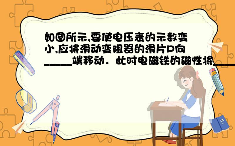 如图所示,要使电压表的示数变小,应将滑动变阻器的滑片P向_____端移动．此时电磁铁的磁性将_____．