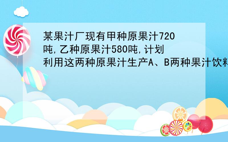 某果汁厂现有甲种原果汁720吨,乙种原果汁580吨,计划利用这两种原果汁生产A、B两种果汁饮料共50大罐.已知生产一大罐A种果汁饮料,需用甲种原果汁18吨、乙种原果汁6吨,可获利2800元；生产一