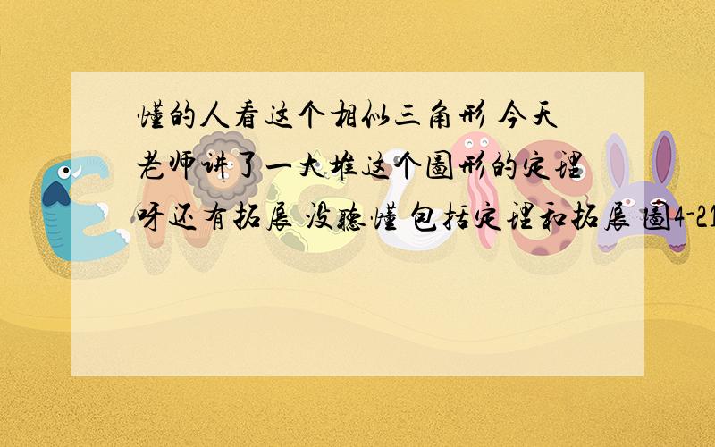 懂的人看这个相似三角形 今天老师讲了一大堆这个图形的定理呀还有拓展 没听懂 包括定理和拓展 图4-21 那个图形的拓展和定理 还有假如CD不垂直于AB会怎么样是图4-21不是别的