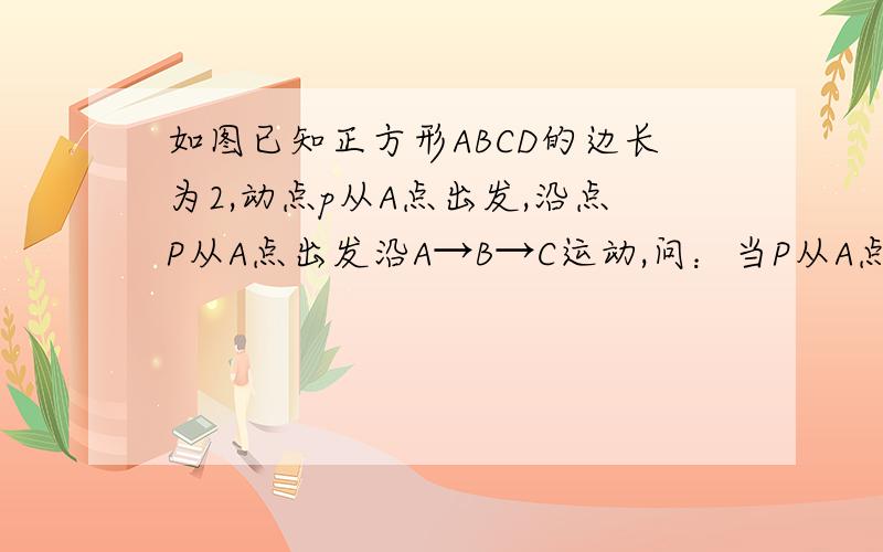 如图已知正方形ABCD的边长为2,动点p从A点出发,沿点P从A点出发沿A→B→C运动,问：当P从A点出发,经过多少路程（设为x）时,三角形APC的面积恰为二分之一