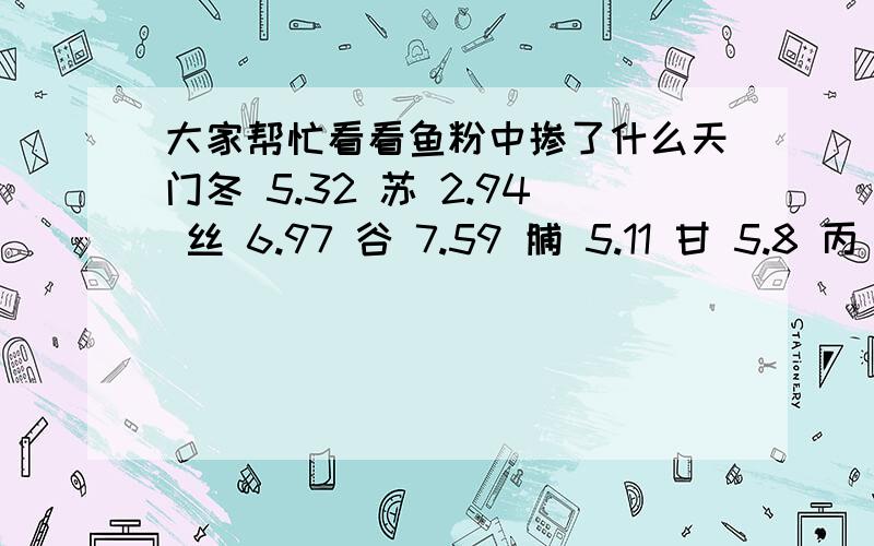 大家帮忙看看鱼粉中掺了什么天门冬 5.32 苏 2.94 丝 6.97 谷 7.59 脯 5.11 甘 5.8 丙 3.34 胱 1.33 缬 5.34 蛋 0.84 异亮 2.93 亮 5.82 酪 2.59 苯丙 3.24 赖 2.53 组 0.92 精 4.67 色 1.14 70.19