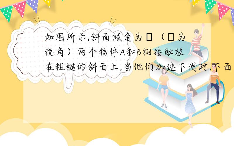 如图所示,斜面倾角为θ（θ为锐角）两个物体A和B相接触放在粗糙的斜面上,当他们加速下滑时,下面对A、B之间相互作用力的分析中,正确的是：( ) A．当mB＞mA时,A、B之间有相互作用力；当mBmA时