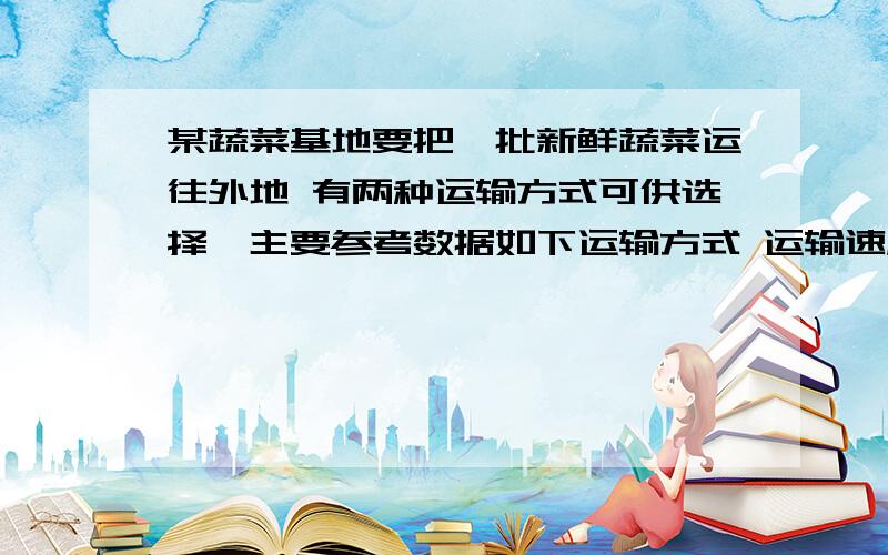 某蔬菜基地要把一批新鲜蔬菜运往外地 有两种运输方式可供选择,主要参考数据如下运输方式 运输速度（km/h） 装卸费用（元） 途中综合费用（元/h）汽车 60 200 270火车 100 410 240（1）请分别