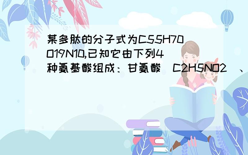 某多肽的分子式为C55H70O19N10,已知它由下列4种氨基酸组成：甘氨酸（C2H5NO2)、丙氨酸（C3H7NO2）、苯丙氨酸(C9H11NO2)、谷氨酸(C5H9NO4),那么该多肽彻底水解可产生多少个谷氨酸分子（ ）A.4个 B.5个