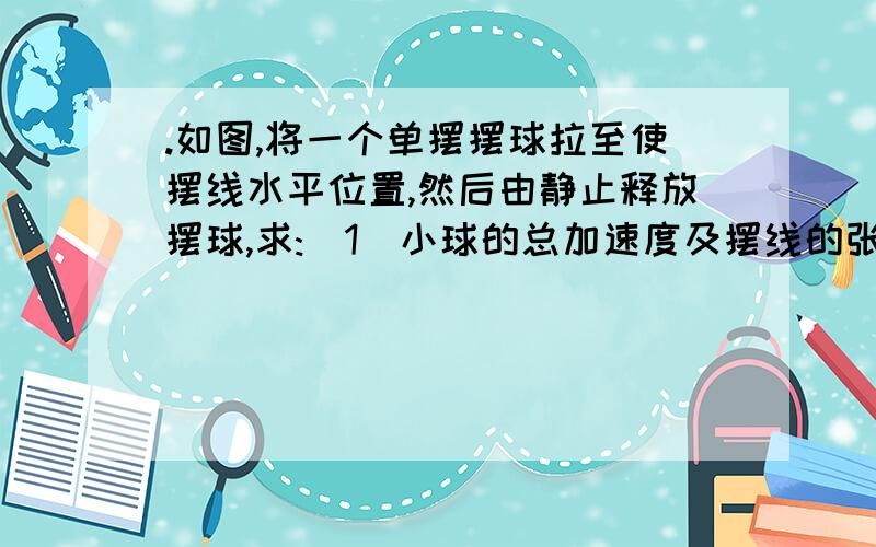 .如图,将一个单摆摆球拉至使摆线水平位置,然后由静止释放摆球,求:（1）小球的总加速度及摆线的张力和摆线偏离竖直直线的偏转角θ的关系.（2）当小球的速度竖直分量最大时的摆线张力.