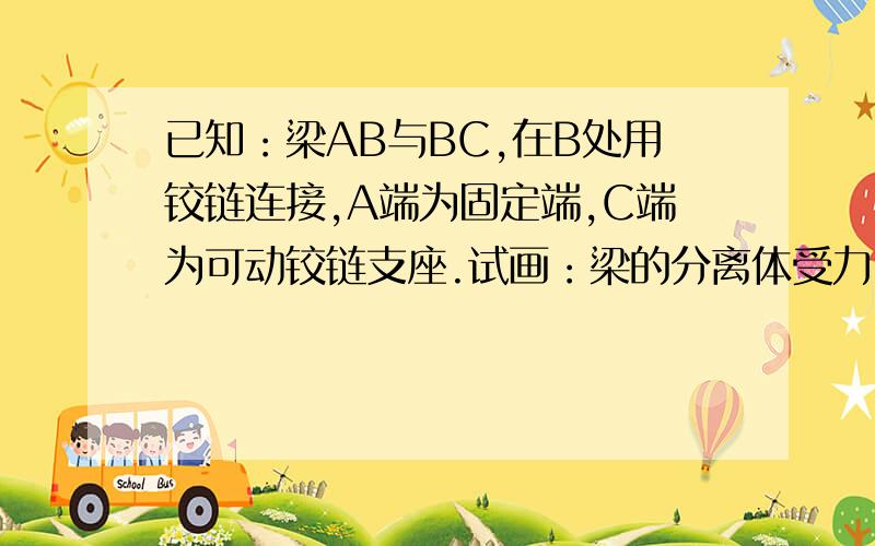 已知：梁AB与BC,在B处用铰链连接,A端为固定端,C端为可动铰链支座.试画：梁的分离体受力图.