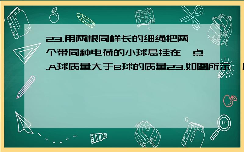 23.用两根同样长的细绳把两个带同种电荷的小球悬挂在一点.A球质量大于B球的质量23.如图所示,用两根同样长的细绳把两个带同种电荷的小球悬挂在一点.A球质量大于B球的质量,A球所带的电荷