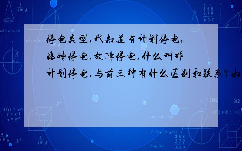 停电类型,我知道有计划停电,临时停电,故障停电,什么叫非计划停电,与前三种有什么区别和联系?如题.