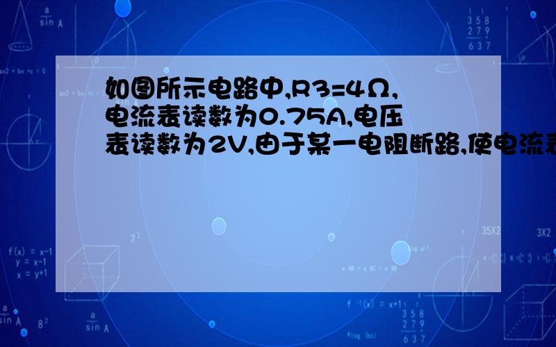 如图所示电路中,R3=4Ω,电流表读数为0.75A,电压表读数为2V,由于某一电阻断路,使电流表读数为0.8A,而电压表读数为3.2V问:(1)哪一只电阻断路?(2)电源电动势和内电阻各多大?重点解释下为什么电流