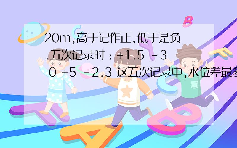 20m,高于记作正,低于是负.五次记录时：+1.5 -3 0 +5 -2.3 这五次记录中,水位差最多是多少米?