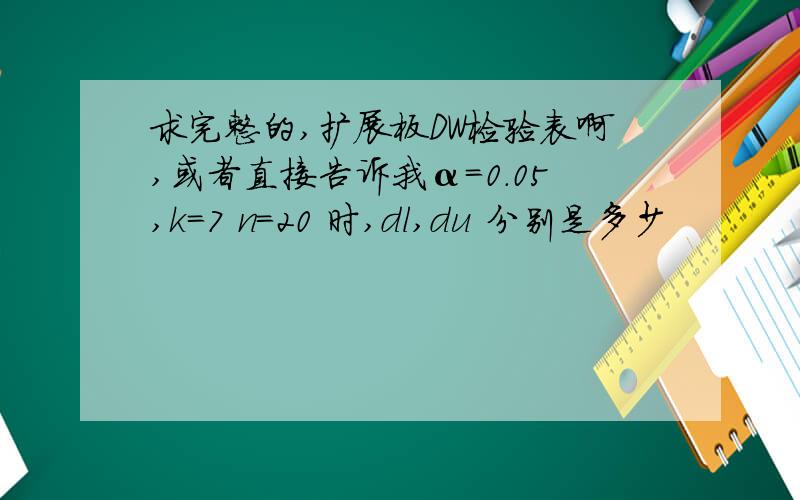 求完整的,扩展板DW检验表啊,或者直接告诉我α=0.05,k=7 n=20 时,dl,du 分别是多少