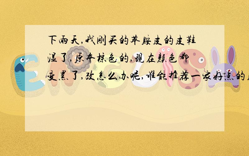 下雨天,我刚买的苯胺皮的皮鞋湿了,原本棕色的,现在颜色都变黑了,改怎么办呢,谁能推荐一家好点的皮具护理店呢?在福州的,最好是在温泉公园附近的,我住在那