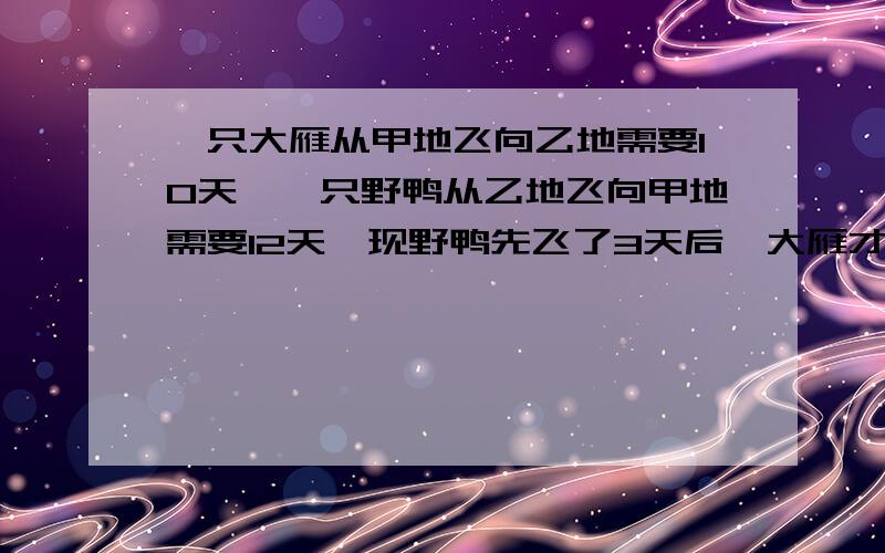 一只大雁从甲地飞向乙地需要10天,一只野鸭从乙地飞向甲地需要12天,现野鸭先飞了3天后,大雁才出发,求大雁出发后多少天大雁和野鸭相遇