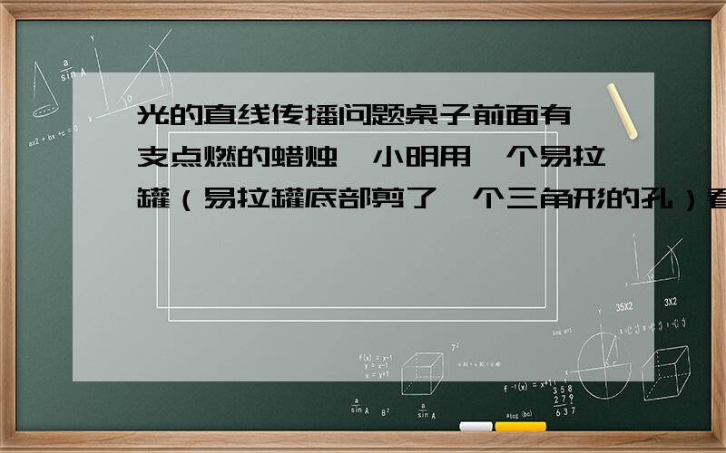 光的直线传播问题桌子前面有一支点燃的蜡烛、小明用一个易拉罐（易拉罐底部剪了一个三角形的孔）看这支蜡烛、看到的蜡烛是正立的还是倒立的