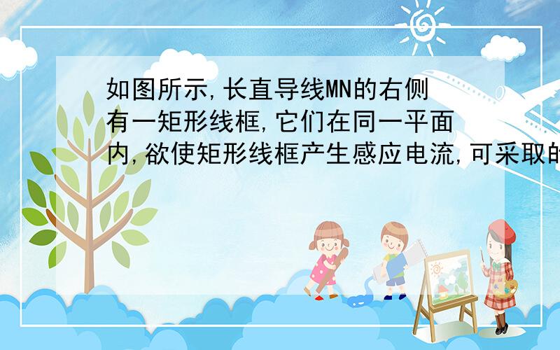 如图所示,长直导线MN的右侧有一矩形线框,它们在同一平面内,欲使矩形线框产生感应电流,可采取的方法是A.线框向上平动B.线框向下平动C.线框以MN为轴转动D.逐渐增加或减少MN中的电流强度我