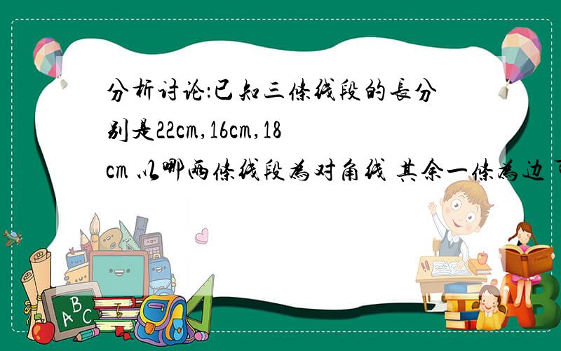 分析讨论：已知三条线段的长分别是22cm,16cm,18cm 以哪两条线段为对角线 其余一条为边 可以画出平行四边形进而讨论,如果以a,b为对角线,以c为一边画平行四边形的话,a,b,c间应满足什么关系?（a