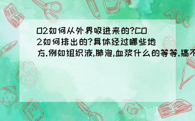 O2如何从外界吸进来的?CO2如何排出的?具体经过哪些地方.例如组织液,肺泡,血浆什么的等等.搞不清楚啊.麻烦啦.