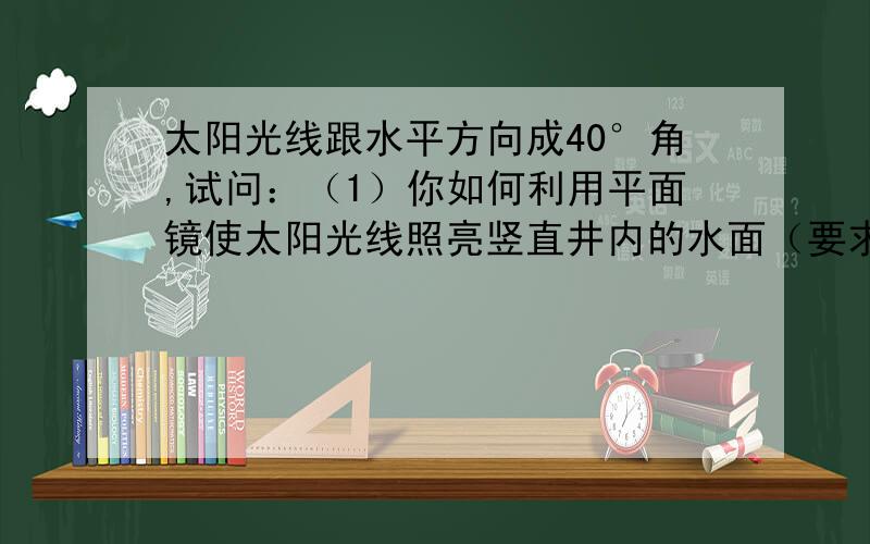 太阳光线跟水平方向成40°角,试问：（1）你如何利用平面镜使太阳光线照亮竖直井内的水面（要求作图说明）.（2）计算平面镜与水平方向的夹角是多少度