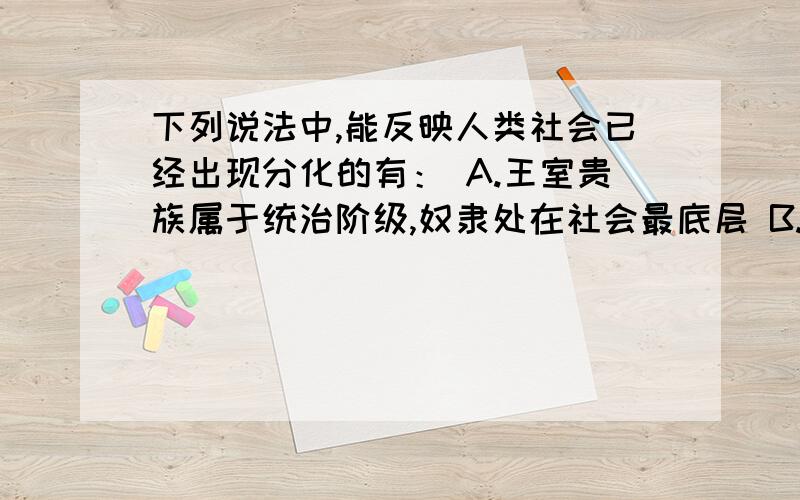 下列说法中,能反映人类社会已经出现分化的有： A.王室贵族属于统治阶级,奴隶处在社会最底层 B.整个社会逐渐产生了不同的等级  C.国王是最高统治者 D.贵族住在别墅里,而穷人的生活十分悲