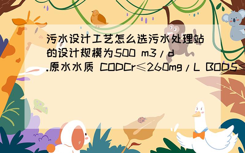 污水设计工艺怎么选污水处理站的设计规模为500 m3/d.原水水质 CODCr≤260mg/L BOD5≤210mg/L SS≤170mg/L 氨氮≤25mg/L pH=8.0-10排放标准执行处理后水质达到《城镇污水处理厂污染物排放标准》（GB18918-2