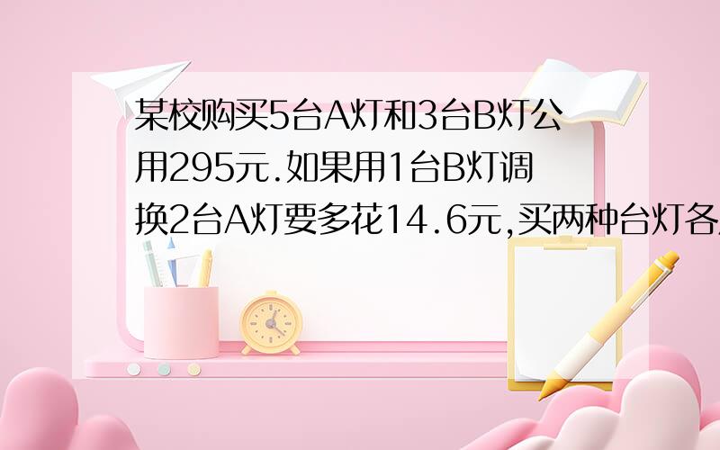 某校购买5台A灯和3台B灯公用295元.如果用1台B灯调换2台A灯要多花14.6元,买两种台灯各用多少元?