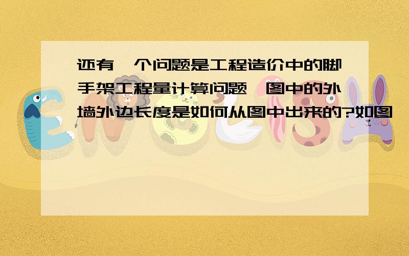 还有一个问题是工程造价中的脚手架工程量计算问题,图中的外墙外边长度是如何从图中出来的?如图,所示某建筑的示意图,求外墙脚手架工程量（施工中一般使用钢管脚手架）及内墙图中的,