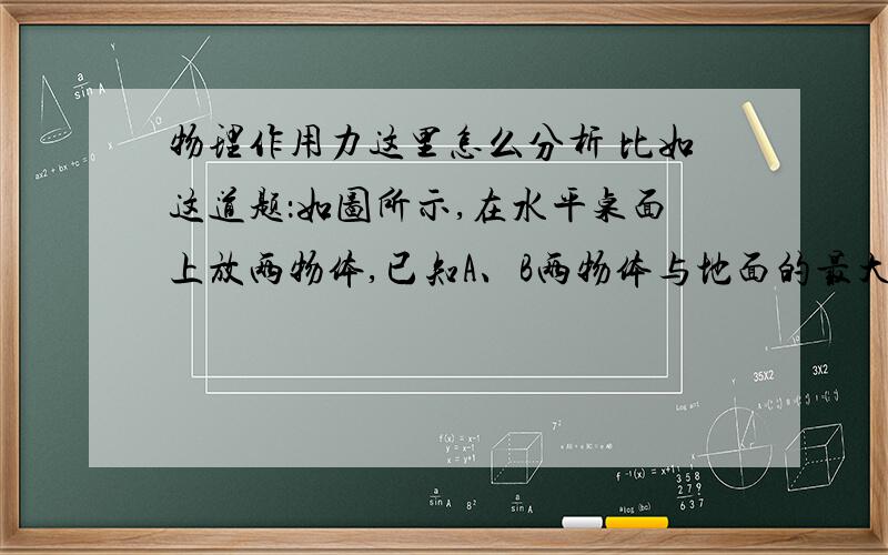 物理作用力这里怎么分析 比如这道题：如图所示,在水平桌面上放两物体,已知A、B两物体与地面的最大静摩擦力分别为8N和4N,若一水平力F=6N作用于A物体时,此时A对B的作用力大小为 N,当水平力