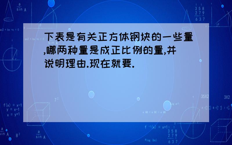 下表是有关正方体钢块的一些量,哪两种量是成正比例的量,并说明理由.现在就要.