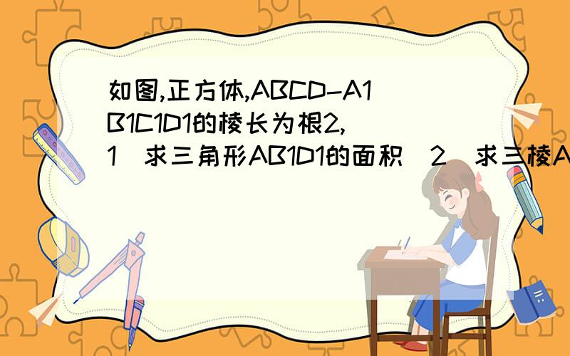 如图,正方体,ABCD-A1B1C1D1的棱长为根2,（1）求三角形AB1D1的面积（2）求三棱A-A1B1D1的体积