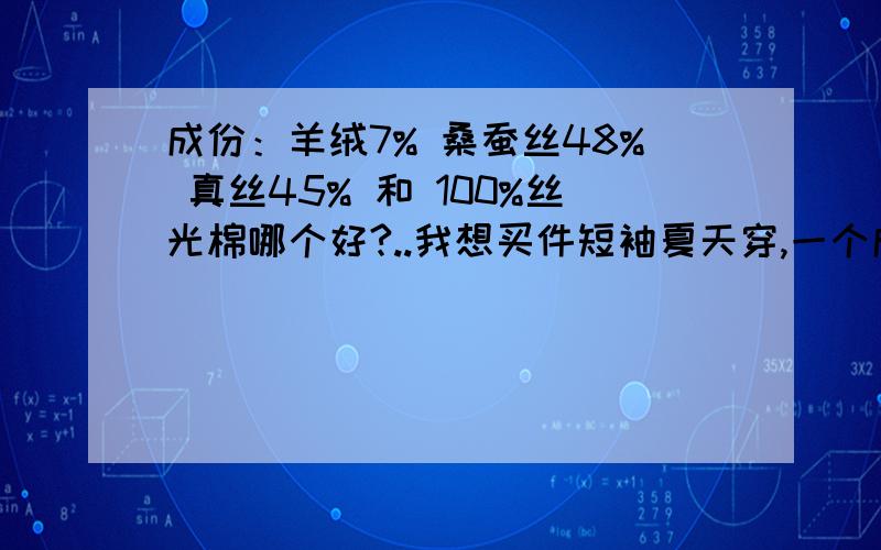 成份：羊绒7% 桑蚕丝48% 真丝45% 和 100%丝光棉哪个好?..我想买件短袖夏天穿,一个成份是：羊绒7% 桑蚕丝48% 真丝45% 另一个成分是:100%丝光棉,从透气,散热角度上看'你们说这两种料子哪个夏天穿