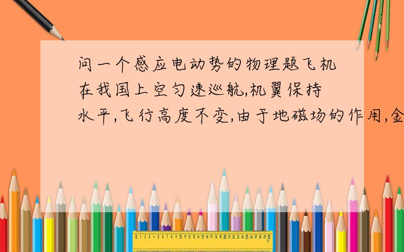 问一个感应电动势的物理题飞机在我国上空匀速巡航,机翼保持水平,飞行高度不变,由于地磁场的作用,金属机翼上有电势差．设飞行员左方机翼处的电势为U1,右方机翼末端处的电势为U2．已知