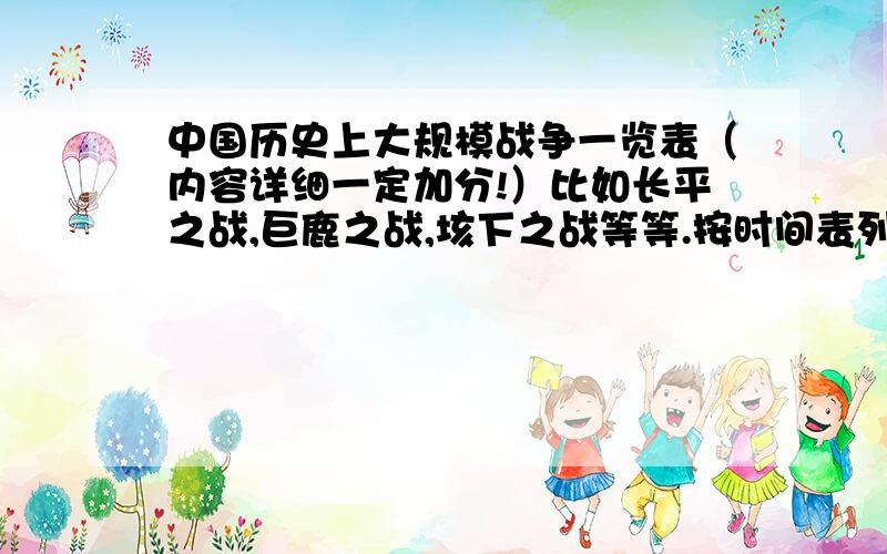 中国历史上大规模战争一览表（内容详细一定加分!）比如长平之战,巨鹿之战,垓下之战等等.按时间表列下来 并简述其内容和影响,写得好自然加分