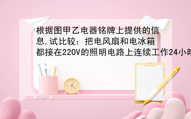 根据图甲乙电器铭牌上提供的信息,试比较：把电风扇和电冰箱都接在220V的照明电路上连续工作24小时 消耗电能情况是（ ）电风扇：额定电压220V 工作频率50Hz 额定功率65W电冰箱：额定电压220