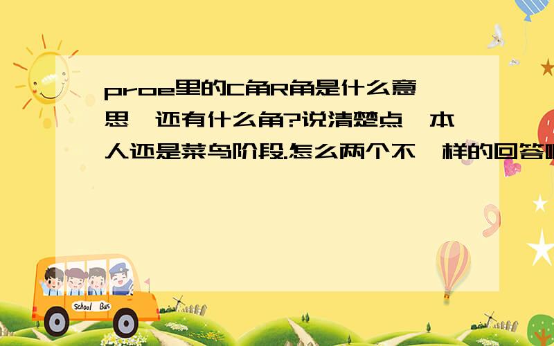 proe里的C角R角是什么意思,还有什么角?说清楚点,本人还是菜鸟阶段.怎么两个不一样的回答啊,到底哪个是对的?还有没有大侠过来给小弟我指点指点.快来人啦,C角到底是什么角啊?